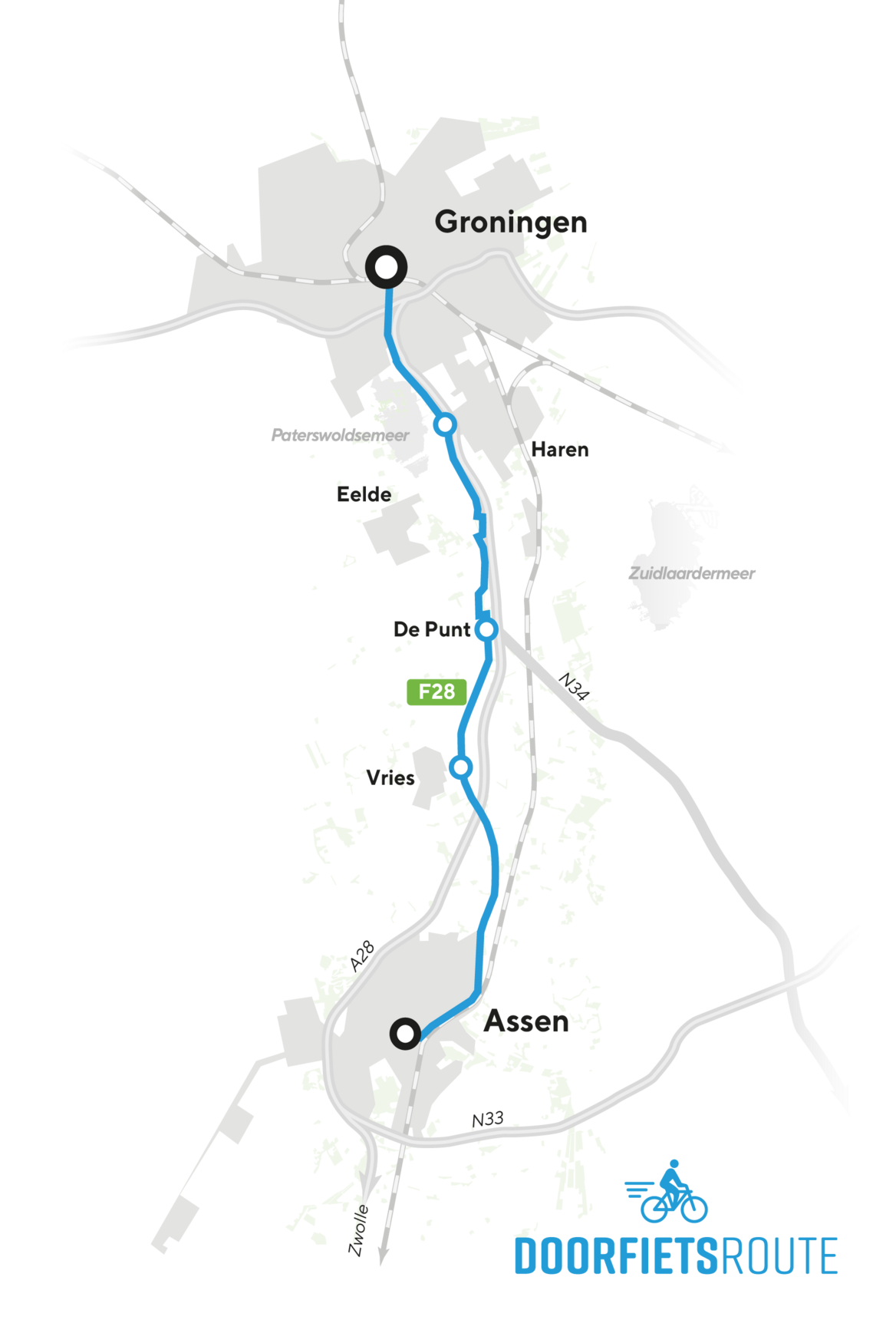 Schets van de doorfietsroute van Assen naar Groningen